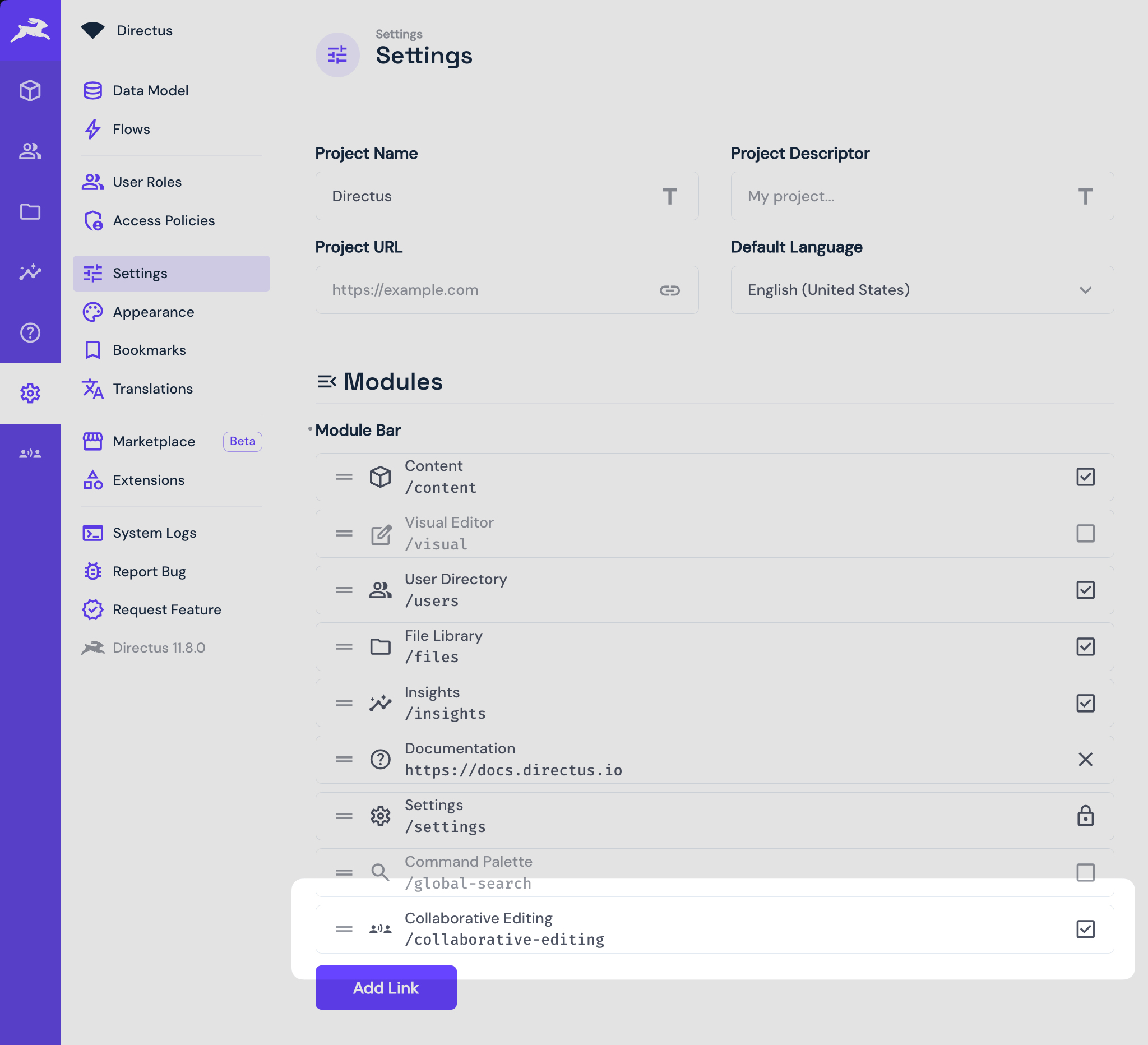 Collaborative editing module bar settings